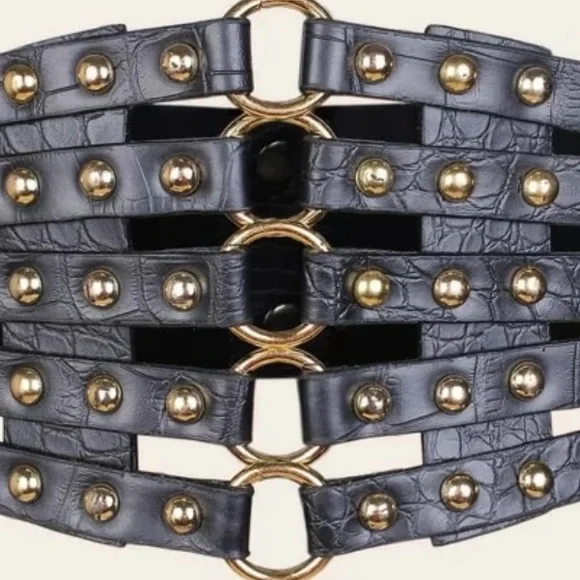 Last one! Black Cage faux leather wide Belt gold hardware - Picture 2 of 8